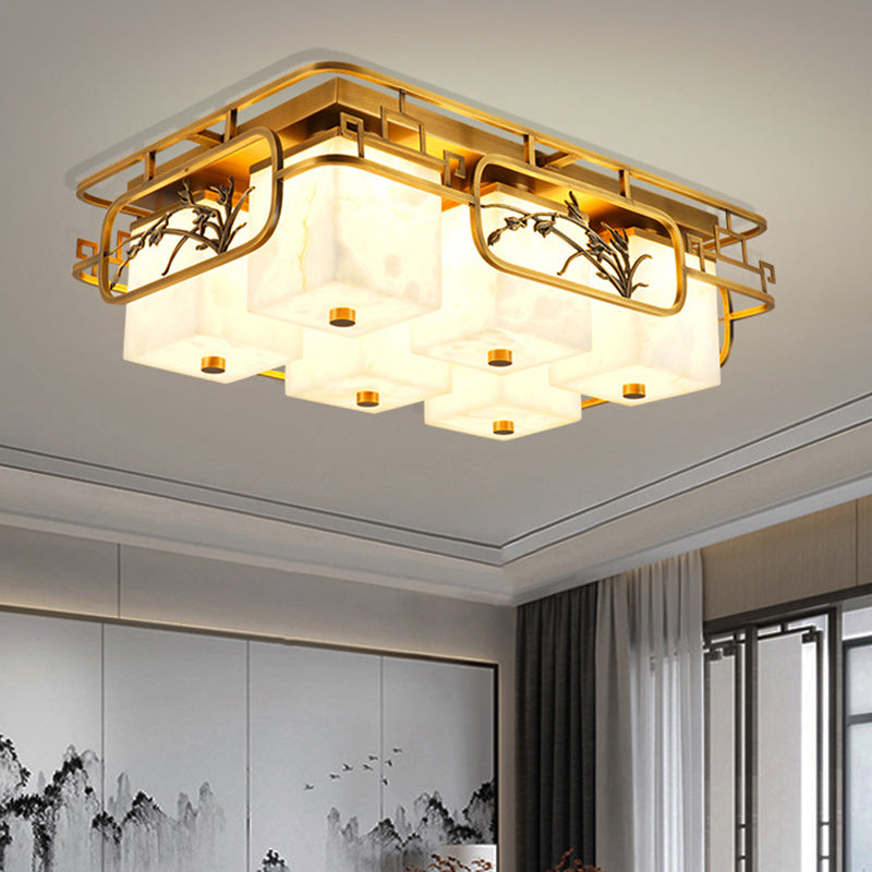 Traditional Chinese Marble Brass Square Rectangular LED Flush Mount Ceiling Light For Living Room