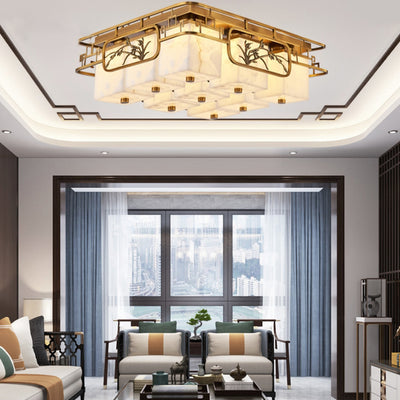 Traditional Chinese Marble Brass Square Rectangular LED Flush Mount Ceiling Light For Living Room