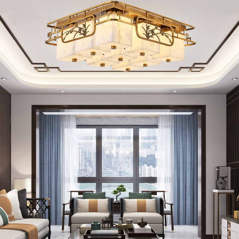 Traditional Chinese Marble Brass Square Rectangular LED Flush Mount Ceiling Light For Living Room