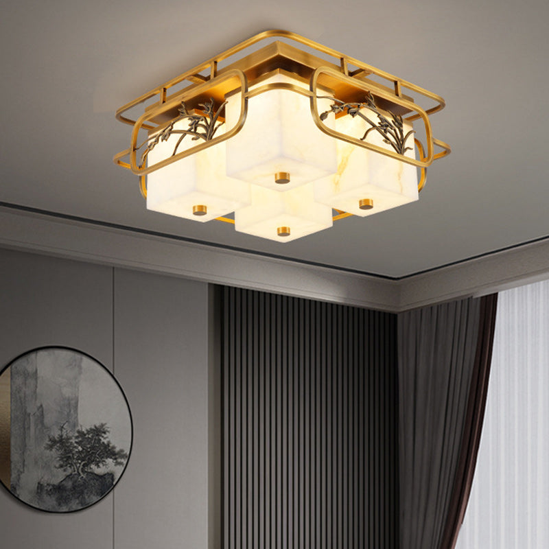 Traditional Chinese Marble Brass Square Rectangular LED Flush Mount Ceiling Light For Living Room