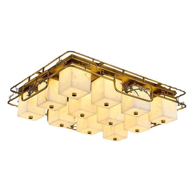 Traditional Chinese Marble Brass Square Rectangular LED Flush Mount Ceiling Light For Living Room