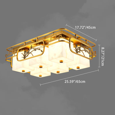 Traditional Chinese Marble Brass Square Rectangular LED Flush Mount Ceiling Light For Living Room