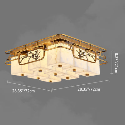 Traditional Chinese Marble Brass Square Rectangular LED Flush Mount Ceiling Light For Living Room