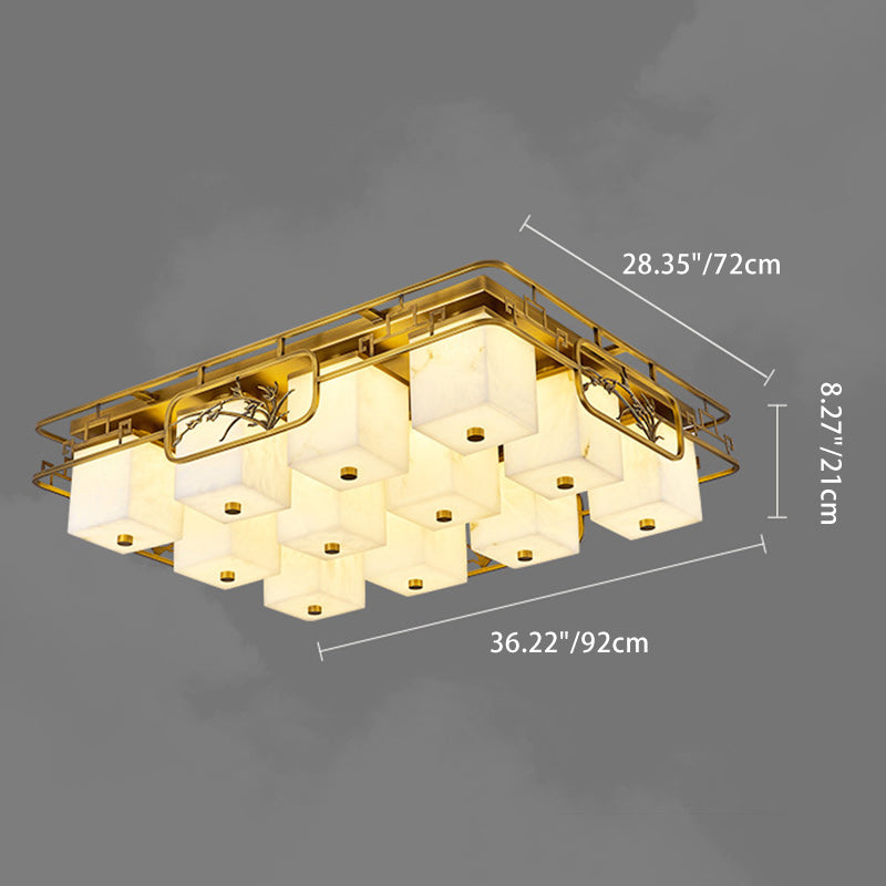 Traditional Chinese Marble Brass Square Rectangular LED Flush Mount Ceiling Light For Living Room