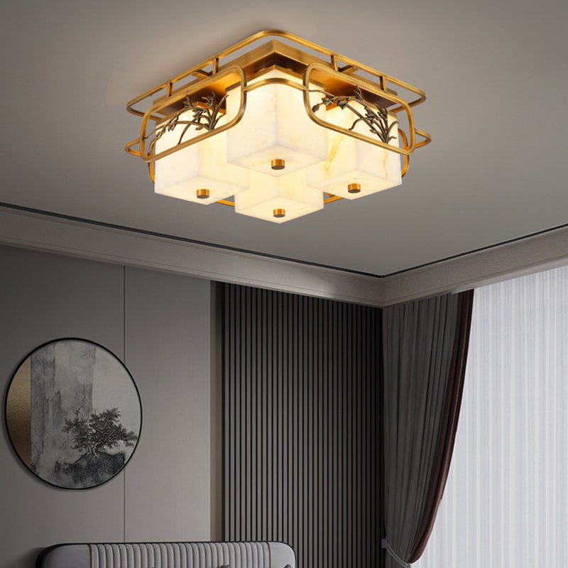 Traditional Chinese Marble Brass Square Rectangular LED Flush Mount Ceiling Light For Living Room