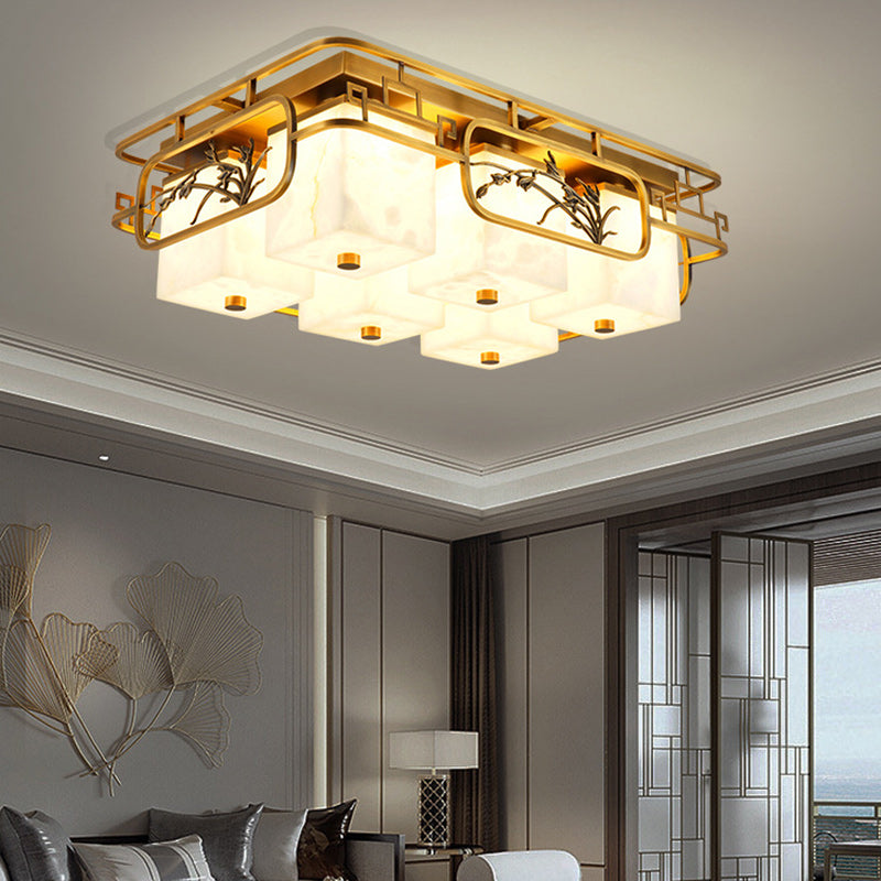 Traditional Chinese Marble Brass Square Rectangular LED Flush Mount Ceiling Light For Living Room