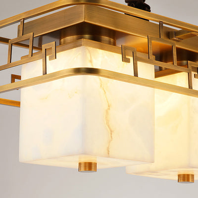 Traditional Chinese Marble Brass Rectangular Square LED Chandelier For Dining Room