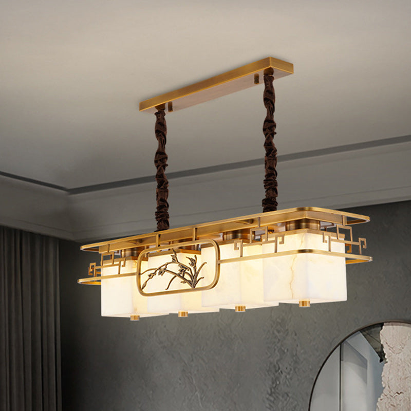 Traditional Chinese Marble Brass Rectangular Square LED Chandelier For Dining Room