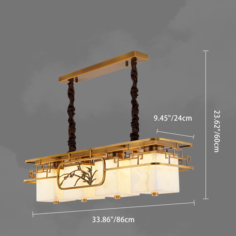 Traditional Chinese Marble Brass Rectangular Square LED Chandelier For Dining Room