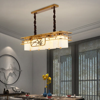 Traditional Chinese Marble Brass Rectangular Square LED Chandelier For Dining Room