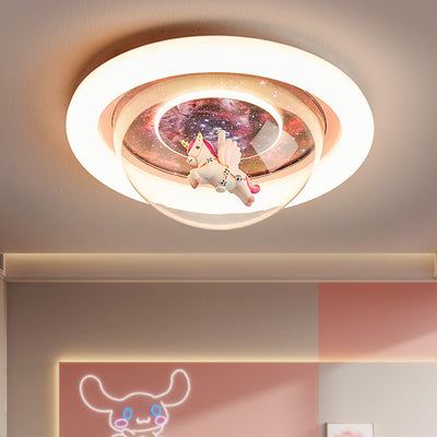 Contemporary Creative Cartoon Kids Starry Sky Unicorn Round Iron Resin Acrylic LED Flush Mount Ceiling Light Kids Light For Bedroom