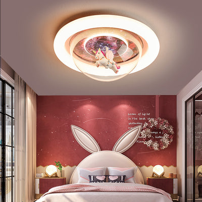 Contemporary Creative Cartoon Kids Starry Sky Unicorn Round Iron Resin Acrylic LED Flush Mount Ceiling Light Kids Light For Bedroom