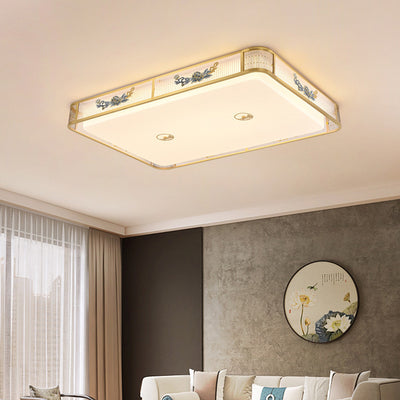 Traditional Chinese Embroidered Peony Round Rectangle Square Acrylic LED Flush Mount Ceiling Light For Living Room