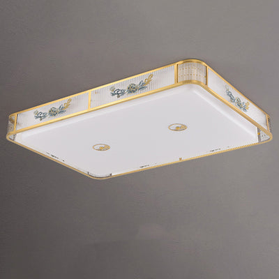 Traditional Chinese Embroidered Peony Round Rectangle Square Acrylic LED Flush Mount Ceiling Light For Living Room