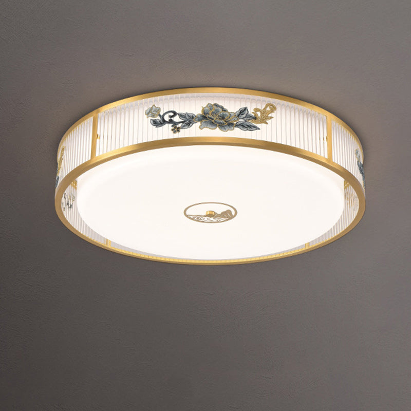 Traditional Chinese Embroidered Peony Round Rectangle Square Acrylic LED Flush Mount Ceiling Light For Living Room