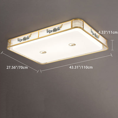 Traditional Chinese Embroidered Peony Round Rectangle Square Acrylic LED Flush Mount Ceiling Light For Living Room