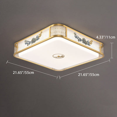 Traditional Chinese Embroidered Peony Round Rectangle Square Acrylic LED Flush Mount Ceiling Light For Living Room