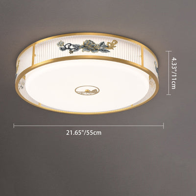 Traditional Chinese Embroidered Peony Round Rectangle Square Acrylic LED Flush Mount Ceiling Light For Living Room