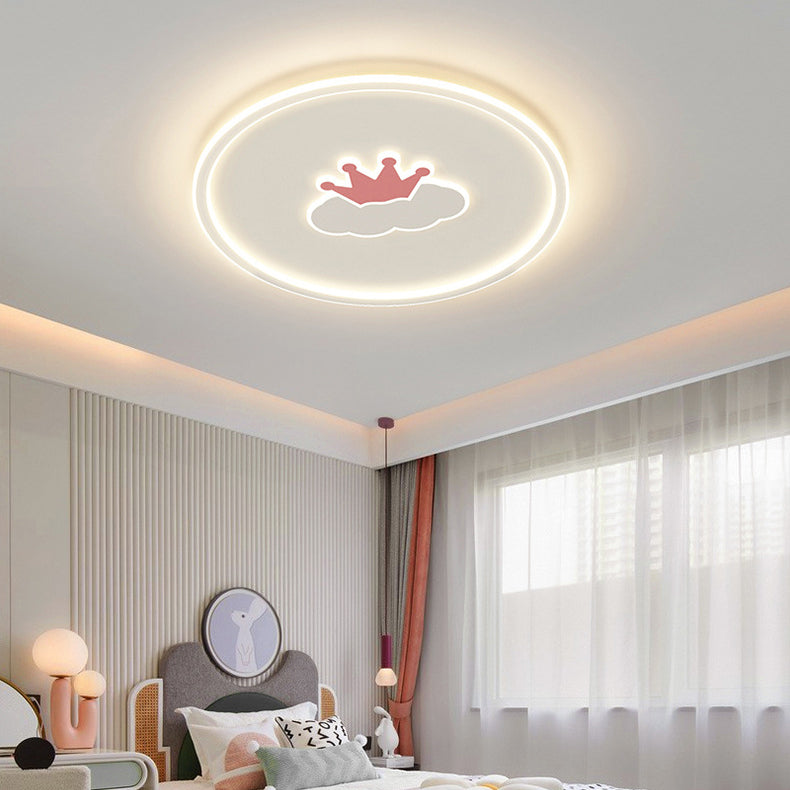 Contemporary Creative Kids Cartoon Love Crown Sun Round Iron Acrylic LED Flush Mount Ceiling Light For Bedroom