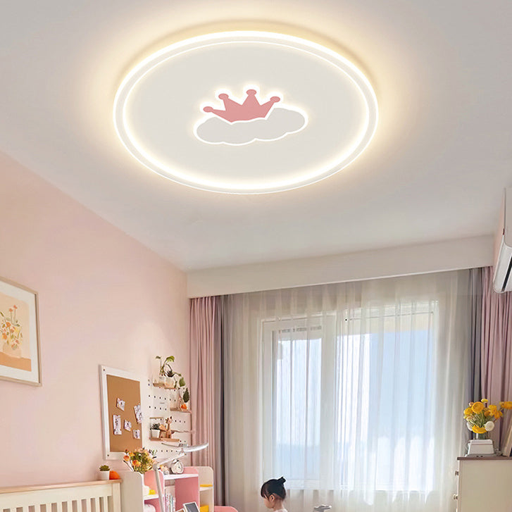 Contemporary Creative Kids Cartoon Love Crown Sun Round Iron Acrylic LED Flush Mount Ceiling Light For Bedroom