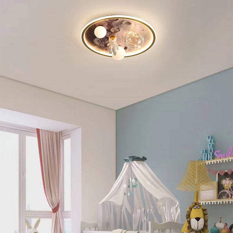 Contemporary Creative Cartoon Moon Astronaut Round Iron Resin Glass LED Kids Flush Mount Ceiling Light For Bedroom