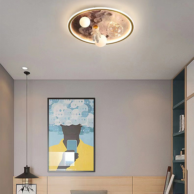 Contemporary Creative Cartoon Moon Astronaut Round Iron Resin Glass LED Kids Flush Mount Ceiling Light For Bedroom