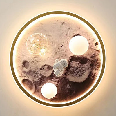 Contemporary Creative Cartoon Moon Astronaut Round Iron Resin Glass LED Kids Flush Mount Ceiling Light For Bedroom