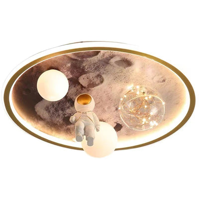 Contemporary Creative Cartoon Moon Astronaut Round Iron Resin Glass LED Kids Flush Mount Ceiling Light For Bedroom