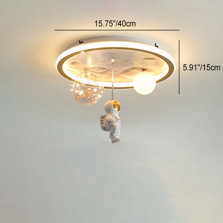 Contemporary Creative Cartoon Moon Astronaut Round Iron Resin Glass LED Kids Flush Mount Ceiling Light For Bedroom