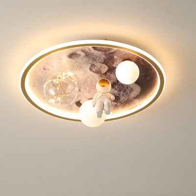 Contemporary Creative Cartoon Moon Astronaut Round Iron Resin Glass LED Kids Flush Mount Ceiling Light For Bedroom