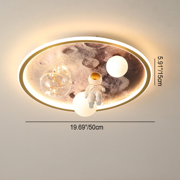 Contemporary Creative Cartoon Moon Astronaut Round Iron Resin Glass LED Kids Flush Mount Ceiling Light For Bedroom