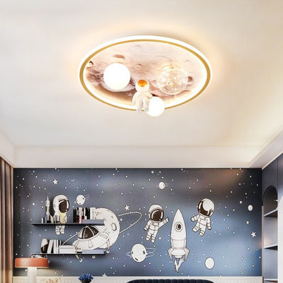 Contemporary Creative Cartoon Moon Astronaut Round Iron Resin Glass LED Kids Flush Mount Ceiling Light For Bedroom