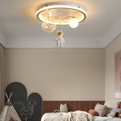 Contemporary Creative Cartoon Moon Astronaut Round Iron Resin Glass LED Kids Flush Mount Ceiling Light For Bedroom