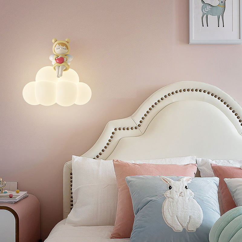 Contemporary Creative Cloud Angel Rabbit Iron PE LED Kids Wall Sconce Lamp For Bedroom