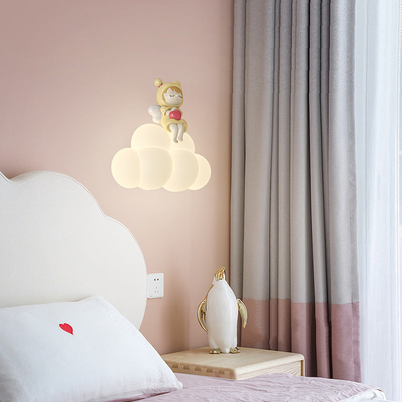 Contemporary Creative Cloud Angel Rabbit Iron PE LED Kids Wall Sconce Lamp For Bedroom