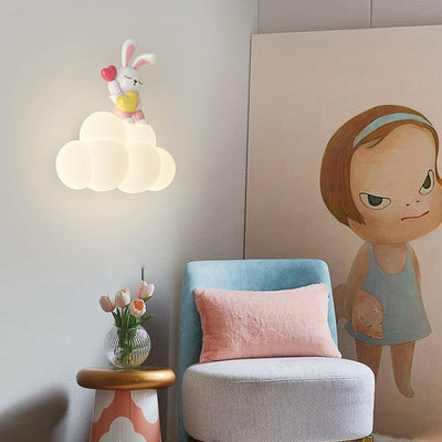 Contemporary Creative Cloud Angel Rabbit Iron PE LED Kids Wall Sconce Lamp For Bedroom