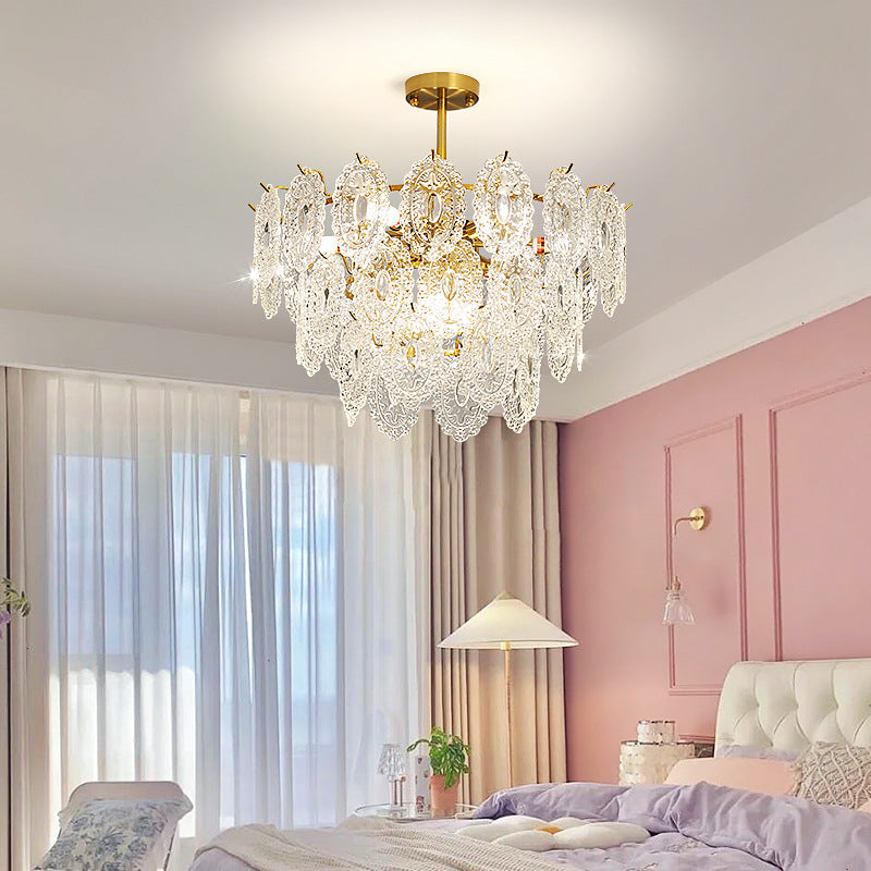 Modern Luxury Layered Iron Branch Clear Scalloped Glass 6/12 Light Chandeliers For Living Room