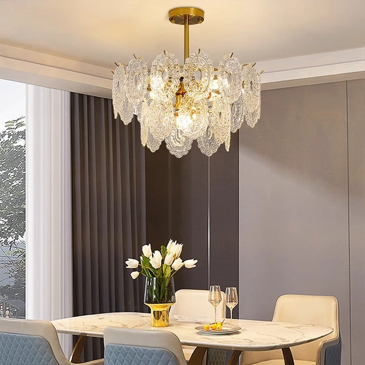 Modern Luxury Layered Iron Branch Clear Scalloped Glass 6/12 Light Chandeliers For Living Room