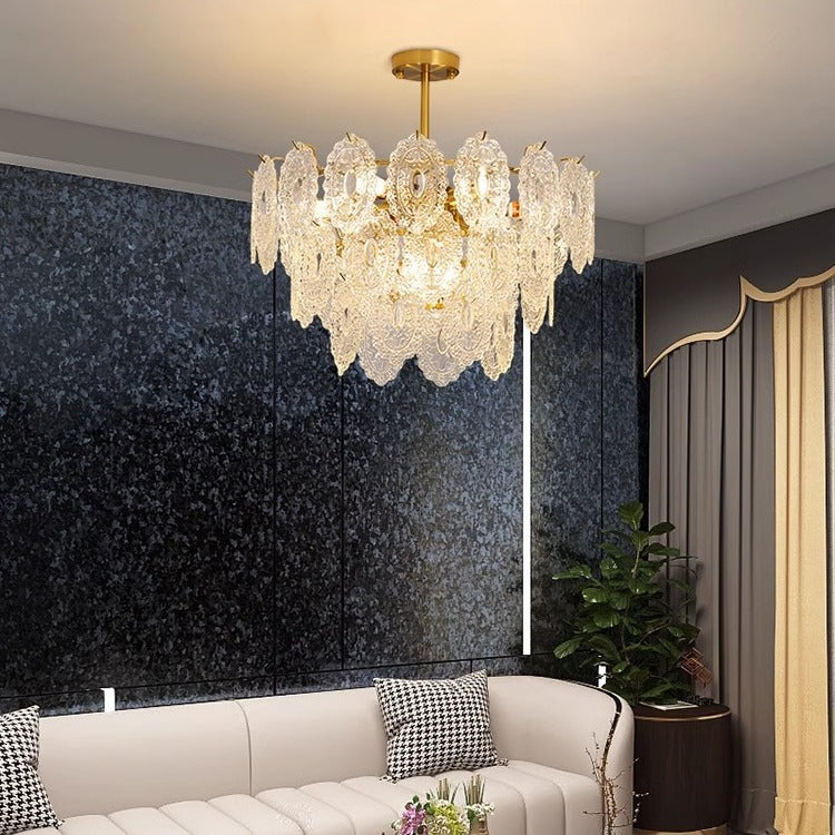 Modern Luxury Layered Iron Branch Clear Scalloped Glass 6/12 Light Chandeliers For Living Room