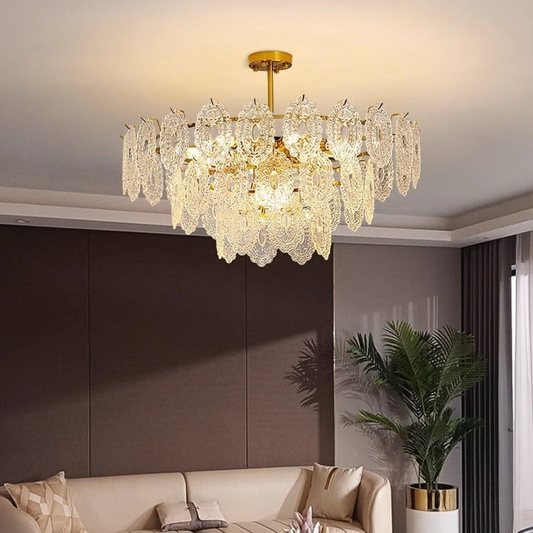 Modern Luxury Layered Iron Branch Clear Scalloped Glass 6/12 Light Chandeliers For Living Room