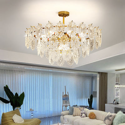 Modern Luxury Layered Iron Branch Clear Scalloped Glass 6/12 Light Chandeliers For Living Room