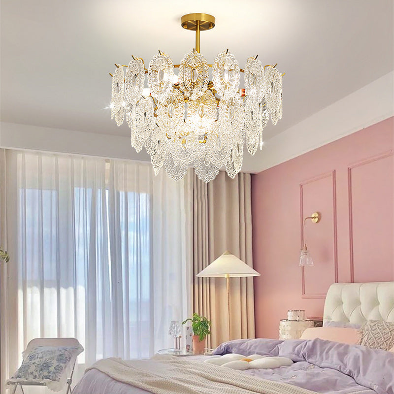 Modern Luxury Layered Iron Branch Clear Scalloped Glass 6/12 Light Chandeliers For Living Room