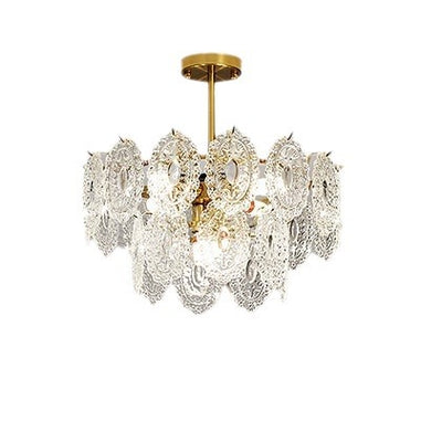 Modern Luxury Layered Iron Branch Clear Scalloped Glass 6/12 Light Chandeliers For Living Room