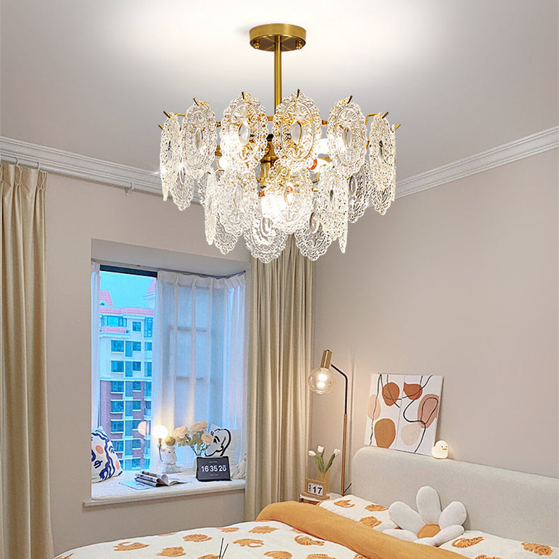 Modern Luxury Layered Iron Branch Clear Scalloped Glass 6/12 Light Chandeliers For Living Room