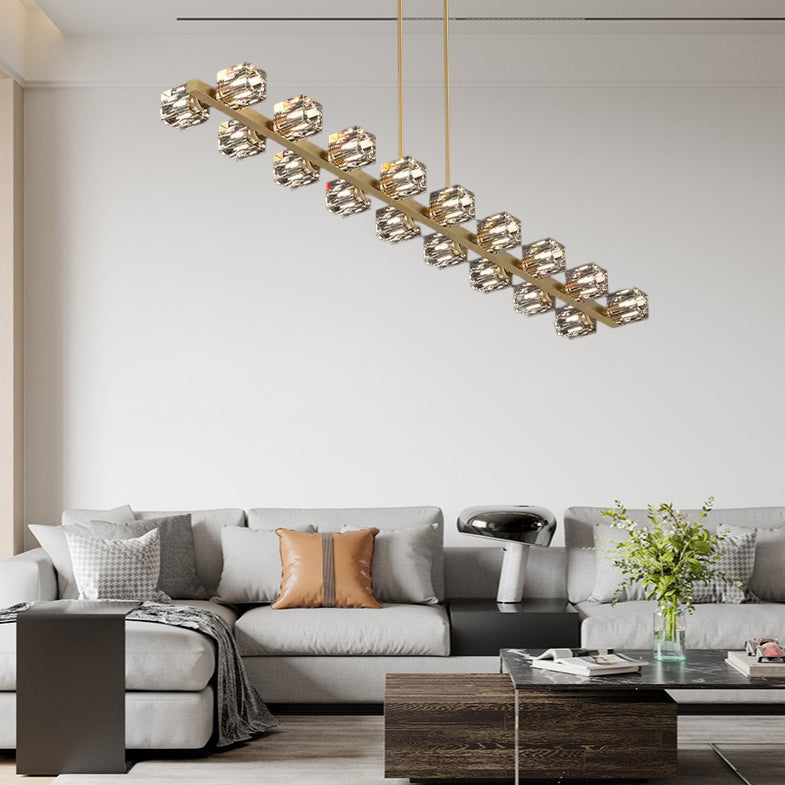 Contemporary Luxury Copper Multi-Head Square Crystal 8/10/12/14/18/22 Light Chandeliers Island Light For Dining Room