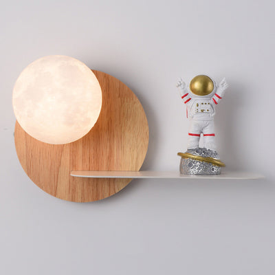 Contemporary Creative Carton Rabbit Astronaut Iron Resin Wood 1 -Light Wall Sconce Lamp For Bedroom