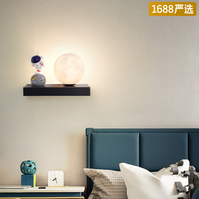 Contemporary Creative Carton Rabbit Astronaut Iron Resin Wood 1 -Light Wall Sconce Lamp For Bedroom