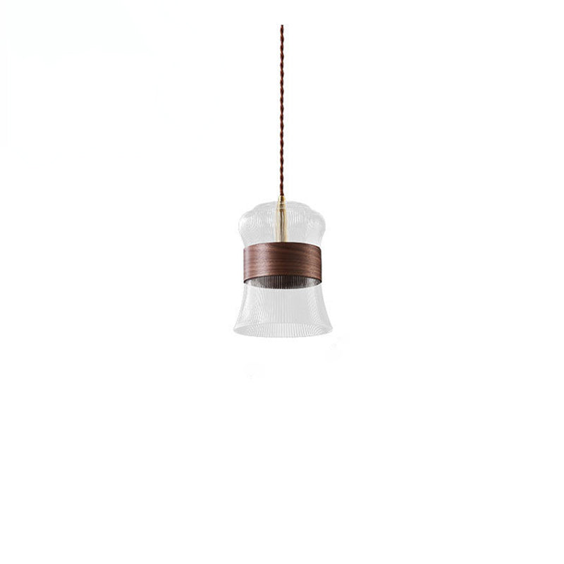 Traditional Japanese Transparent Ribbed Glass Shade Wood Copper 1 Light Pendant Light For Dining Room