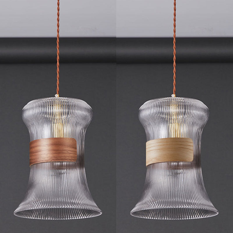 Traditional Japanese Transparent Ribbed Glass Shade Wood Copper 1 Light Pendant Light For Dining Room