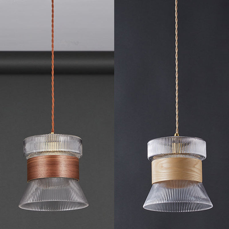 Traditional Japanese Transparent Ribbed Glass Shade Wood Copper 1 Light Pendant Light For Dining Room